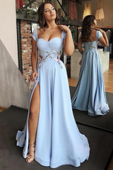 Cheap Satin Sweetheart Neck Prom Dresses High Slit Sky Blue Evening Gown