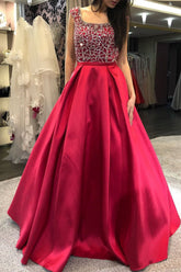 Gorgeous Scoop Neck Cap Sleeves Red Satin Prom Dresses with Beaded, Formal Gown Dresses