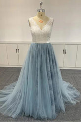 Tulle Embroidered Ombre Soft Lace V-neck Prom Dresses Formal Dresses