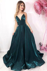 A-line V-neck Spaghetti Straps Open Back Dark Green with Pockets, Sparkly Prom Dresses