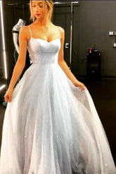 Sparkly A-Line Sky Blue Backless Dress Floor-length Prom Dresses