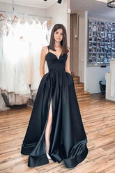Simple Black Spaghetti Strap Satin Long Prom Dress Evening Dress