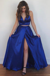 Long Party Gowns Pockets Spaghetti Straps Two Piece Prom Dresses