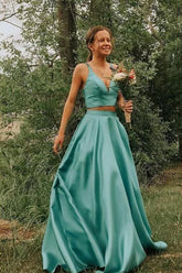 Simple Ball Gown V-neck Two Piece Lake Blue Satin Prom Dresses with Pockets