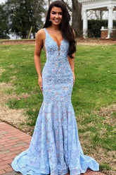 Charming Mermaid V-neck Open Back Light Blue Lace Prom Dresses,Elegant Evening Party Dresses