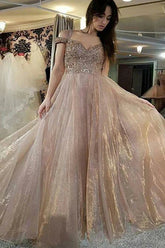 Straps Off The Shoulder Prom Dresses with Beading Long Formal Evening Dresses