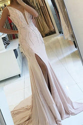 Long Prom Dresses Mermaid V-neck Backless Evening Dresses with Beading