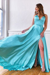 Simple Satin V-neck Spaghetti Straps Lace A-Line Long Prom Dress with Slit