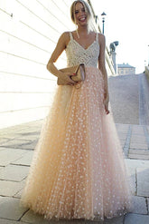 Sparkly Prom Dresses A-line Straps Beading Long Beautiful Prom Dress Evening Dress