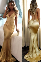 Mermaid Prom Dresses Short Train Spaghetti Straps Long Gold Prom Dress