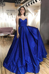Sparkle Royal Blue Tulle Strapless V-neck A-Line Prom Dress with Pockets