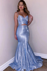 Mermaid Spaghetti Straps V-Neck Floor-length Blue Two Piece Prom Dress