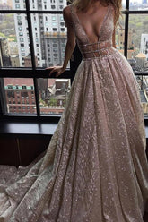 Simple Prom Dresses V-neck Silver Organza Long Prom Dress/Evening Dress