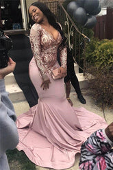 Popular Rose Pink Sequins Mermaid V-Neck Long Sleeves Prom Dresses with Court Train