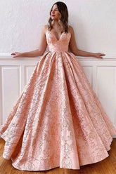Satin Ball Gown V-neck Straps Cross Back Blush Pink Long Prom Dresses