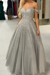 Gorgeous Ball Gown Off the Shoulder Open Back Grey Long Prom Dresses with Beaded,Evening Dresses