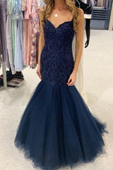 Charming Mermaid Sweetheart Navy Blue Long Prom Dresses with Lace,Evening Dresses