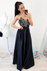 Cute V-neck Spaghetti Straps Cross Back Black Long Prom Dresses with Lace,Party Dresses