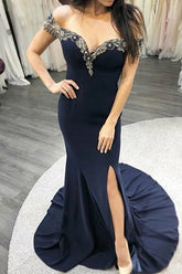 Mermaid Navy Blue Long Prom Evening Dresses Appliques Off the Shoulder