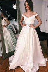 Satin Off the Shoulder Long Prom Dresses with Beading Ivory Party Dresses