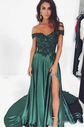 Elegant A-line Off the Shoulder Slit Dark Green Satin Prom Dresses with Appliques Long Party Dresses