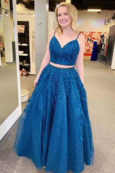 Two Pieces Blue Appliqued Evening Dress Spaghetti Straps Prom Dress