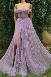 Lavender Modest Tulle Pearl Spaghetti Straps Long Prom Dress with Slit