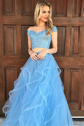 Tulle Two Piece Off-the-Shoulder Prom Dresses with Appliques