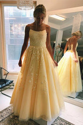 Yellow Tulle Spaghetti Straps Scoop A-Line Prom Dresses with Appliques