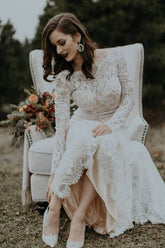 Elegant Vintage Ivory Backless Long Sleeve Rustic Lace Wedding Dresses
