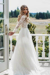 Through Beaded Floral Lace Long Sleeve Boho Wedding Dresses