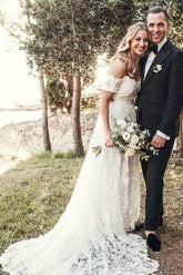 Rustic Lace Off the Shoulder Ivory Beach Wedding Dresses,
