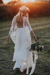 Sheath Boho Batwing Sleeve Lace Rustic Ivory Wedding Dresses