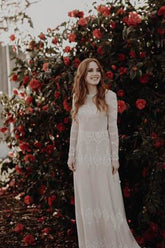 Sheath Backless Lace Long Sleeve Ivory Applique Country Wedding Dress