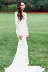 Mermaid Ivory Backless Long Sleeve Lace Wedding Dresses
