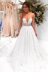 Chic Sparkly Bateau A-line Sexy Long Lace Wedding Dress Sweep Train