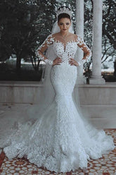 Cheap Long Sleeve Lace Wedding Dress Mermaid Bridal Gowns
