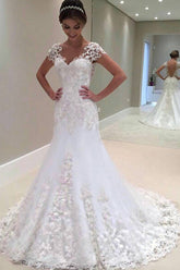Gorgeous Long Mermaid Lace Cap Sleeves Wedding Dress, Wedding Gown