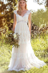 Simple A-Line V-Neck Bohemian Lace Bridal Gown Beach Wedding Dresses