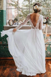 Romantic Boho Long Sleeve Beach Lace Backless Wedding Dress