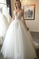 Cheap Ball Gown V-Neck Ivory Open Back Wedding Dress with Appliques