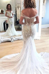 Lace Applique Retro Off the Shoulder Vintage Mermaid Wedding Dress