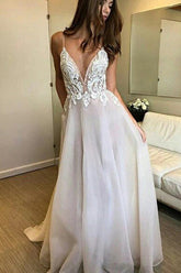 Spaghetti Straps Deep V-neck Lace Appliqued Beach Wedding Dress