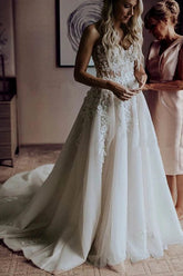 A-Line Sweetheart Sweep Train Wedding Dress with Appliques Beading