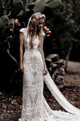 Cap Sleeve Sheath Boho Wedding Dresses Vintage Lace Rustic Wedding Dress