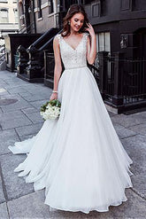Charming Tulle V-neck A-line Wedding Dress With Beaded Lace Appliquess