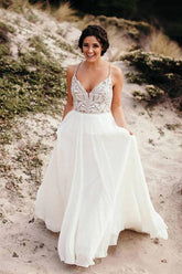 Spaghetti Strap Beaded Wedding Dress Ivory Chiffon Rustic Wedding Dress