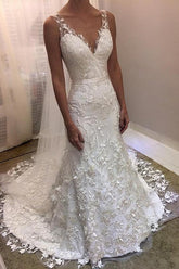 Cheap V-neck Backless Lace Mermaid Wedding Dresses,Cheap Bridal Dresses