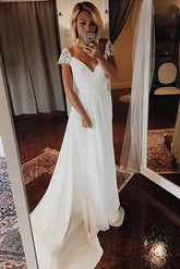 Simple A-line Chiffon Wedding Dresses Cap Sleeve V-neck Bohemian Beach Bridal Gowns