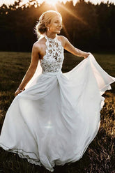 Chiffon A-Line Halter Sleeveless Long Beach Wedding Dress with Lace